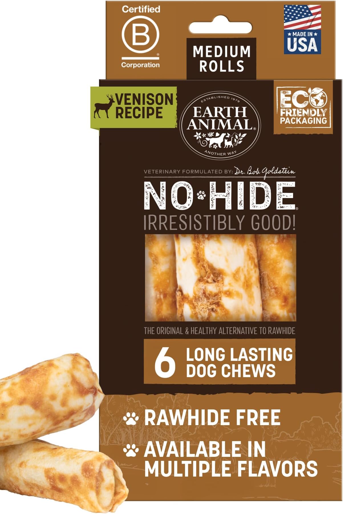 No Hide Chews - Long Lasting Rawhide Free Medium Dog Chews Rolls, Venison - 6 Count
