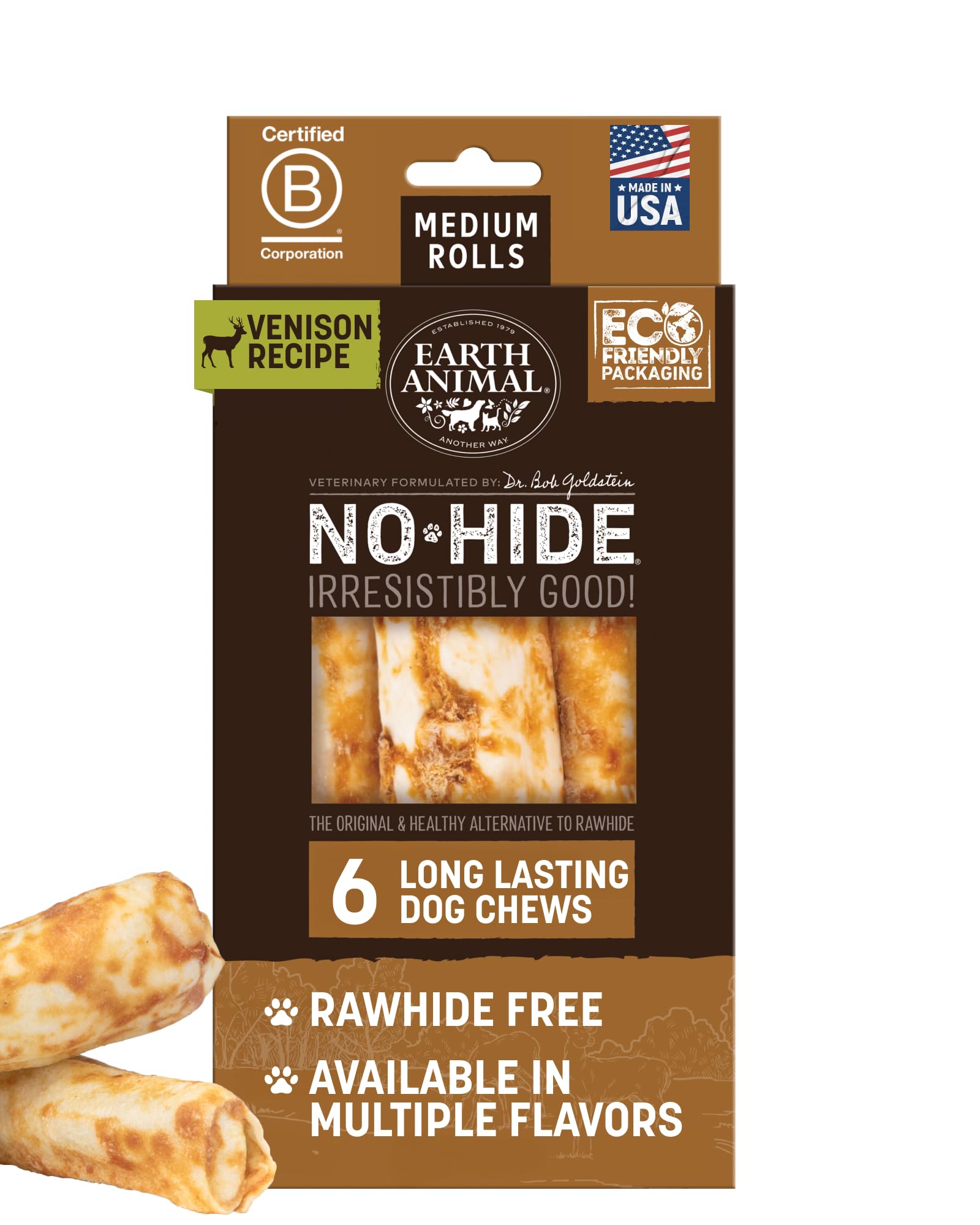 - No Hide Chews - Long Lasting Rawhide Free Medium Dog Chews Rolls, Venison - 6 Count