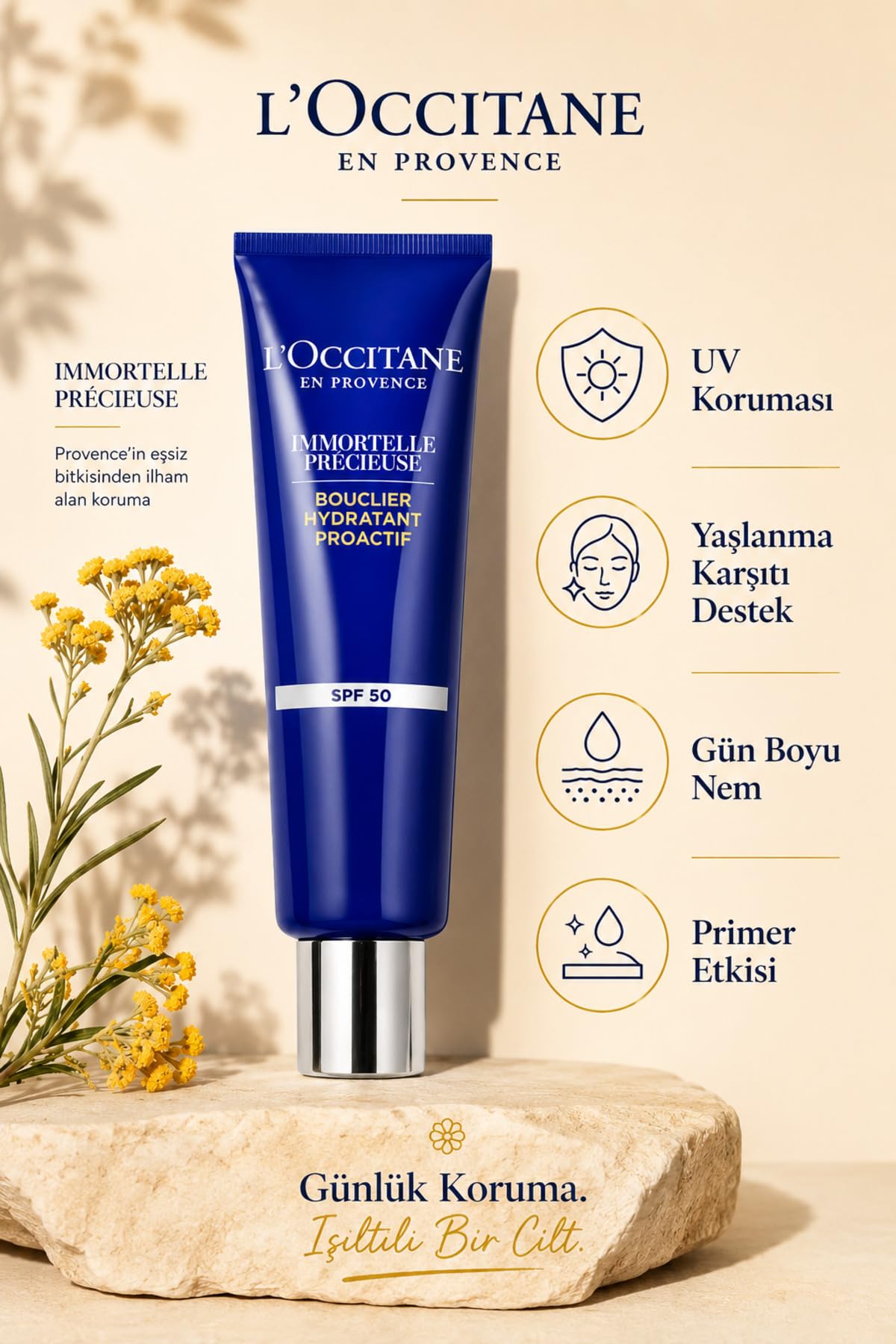 L'Occitane Immortelle Precious Yüz için UV Koruma Kremi SPF 50, Ölmezotu Yağı ve Hyaluronik Asit İçeren, 30 ml