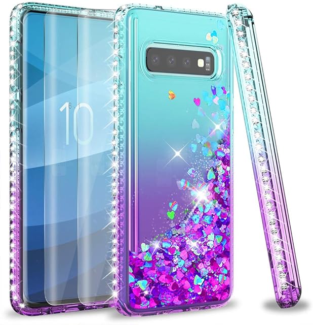 LeYi Galaxy S10 Case with 3D PET Screen Protector, Girl 3D Glitter Liquid Cute Personalised Clear Silicone Gel TPU Shockproof Phone Cover for Samsung Galaxy S10 Turquoise Purple
