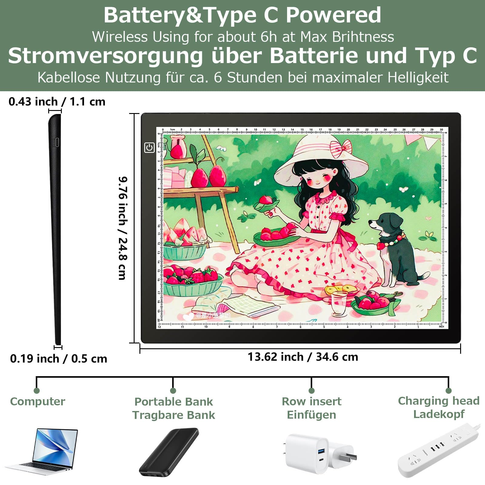Lampenständer A4, kabellose Leuchtbox mit Ständer und oberem Magnetclip, 3 Farbtemperaturen, stufenlos dimmbare wiederaufladbare Leuchttafel für Diamantmalerei, Skizzieren
