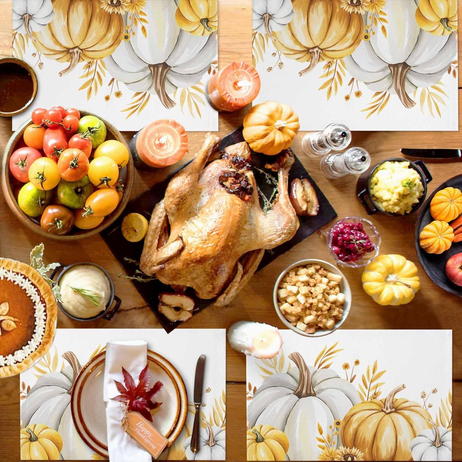 Placemats Set of 12,Autumn Pumpkin Leaf Flower Heatproof Non-Slip Table Mats Place Mat,Thanksgiving White Yellow Plant Linen Washable Placemat for Kitchen Dinning Indoor Outdoor Party Decor