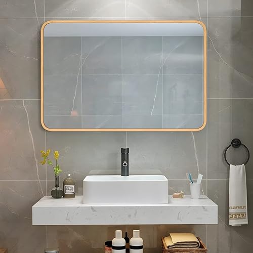 Miniatura 8 de Espejo de baño de madera para pared de 24" x 36" Espejo rectangular de granja con esquinas redondeadas con marco de madera para espejo decorativo