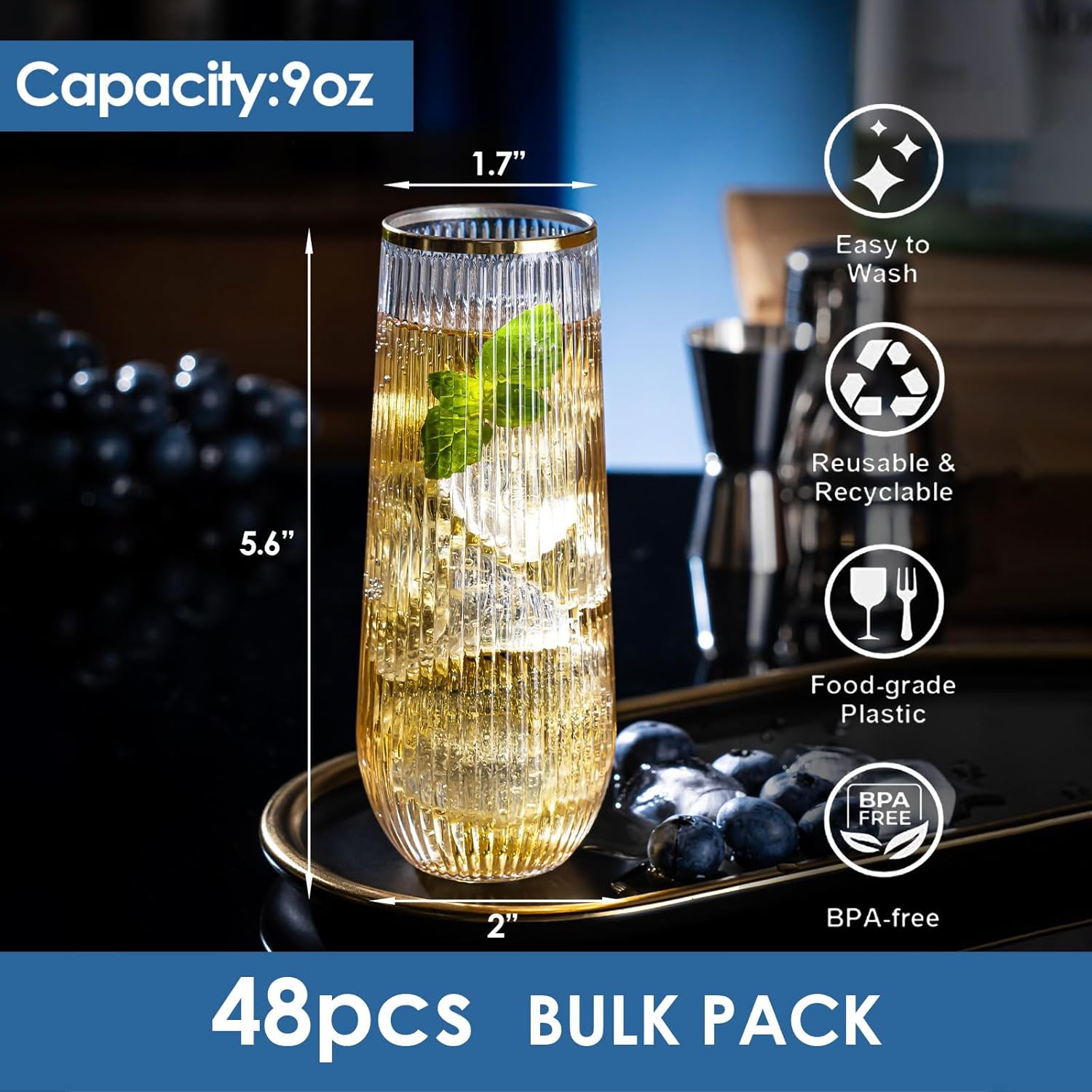 48 Pack Plastic Stemless Disposable Champagne Flutes, Unbreakable 9Oz Champagne Glasses, Origami Style Bulk pack Acrylic Fancy & Shatterproof Toasting Glasses, Ideal for Wedding, Party