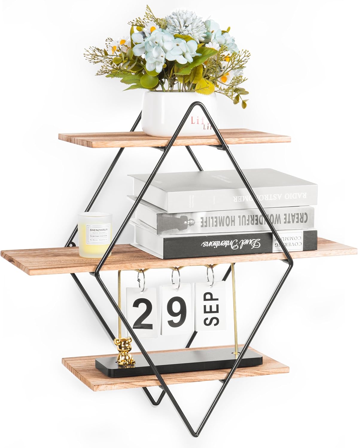 Modern Wooden Floating Wall Shelf Decor for Wall Storage – Geometric Design Decorative Wall Mount 3-Tier Hanging Shelf Plant Display for Bedroom, Living Room, Bathroom, Kitchen