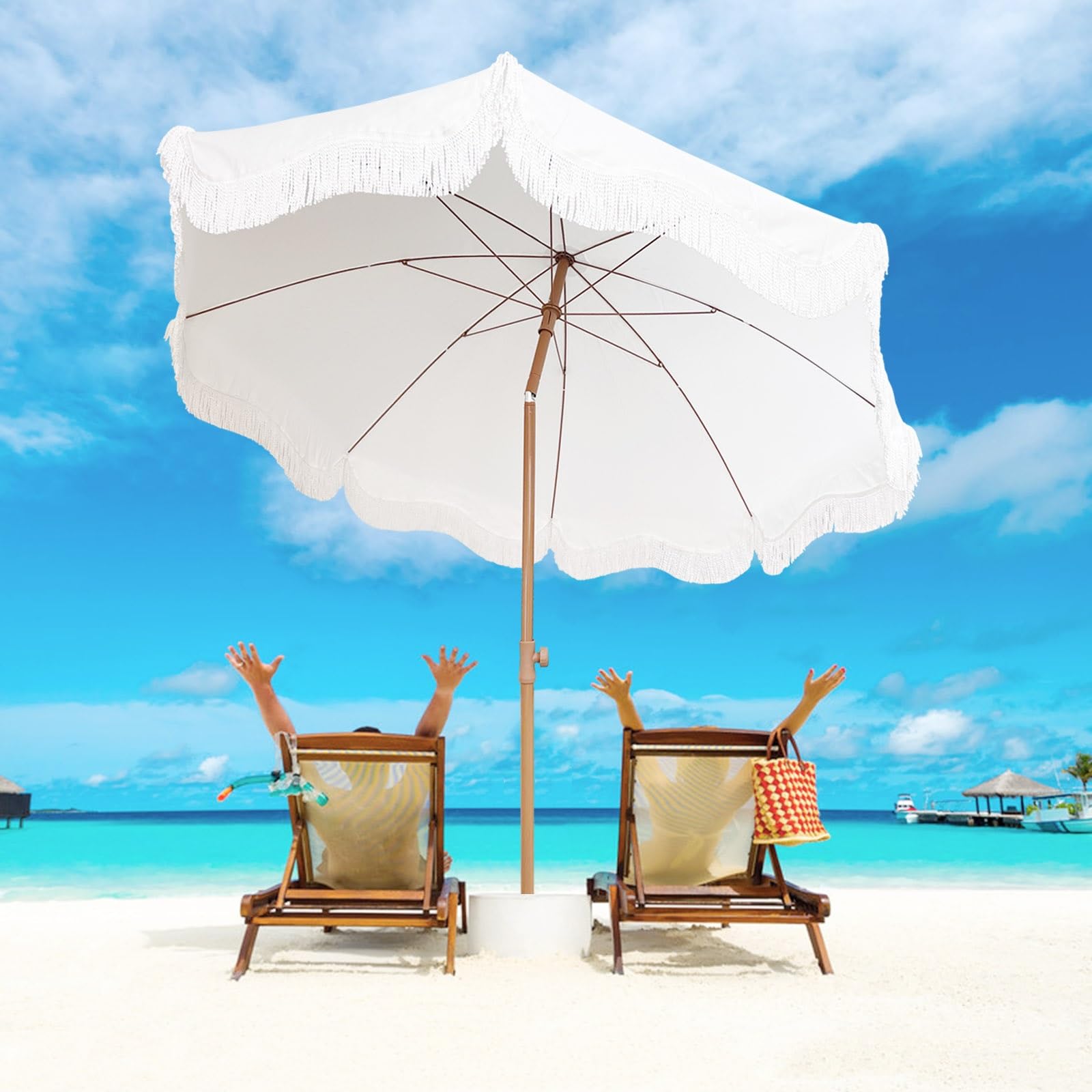 Outdoor Patio Umbrella With Fringe White Beach Umbrellas For Sand UV Protection Portable Shade Umbrella With Carry Bag Large Pool Umbrella 6ft Tilt Table Umbrella Waterproof For Garden Deck Lawn