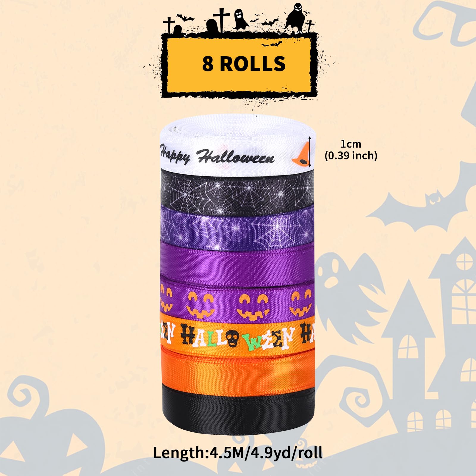 8 Rollen Halloween Satinband Set - 4,5 Meter Pro Rolle In Schwarz, Orange, Lila - Dekoband Zum Basteln