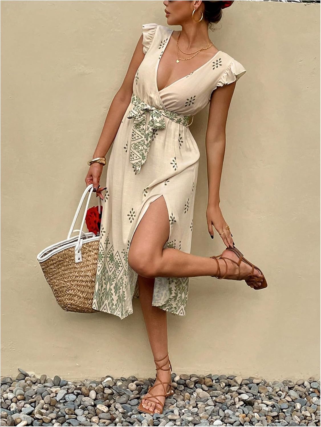 MakeMeChic Women's Spring Summer Vacation Dress Floral V Neck Ruffle Sleeve Midi Sundress Tie Bow Boho Dresses - Image 2