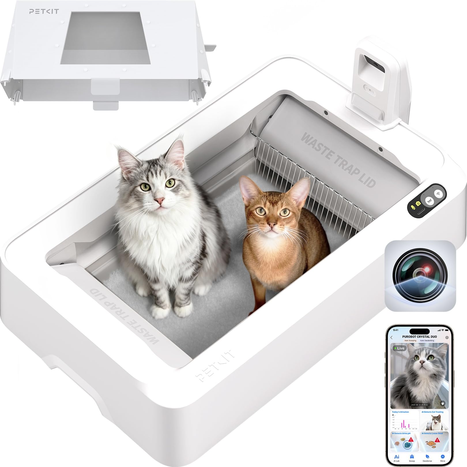 PETKIT PUROBOT Crystal Duo Lettiera Gatto Autopulente con Telecamera AI | Non Rotante, Telecamera AI, Monitoraggio Salute, Pulizia Bidirezionale, Eliminazione Odori, Ideale per Gatti di Grossa Taglia