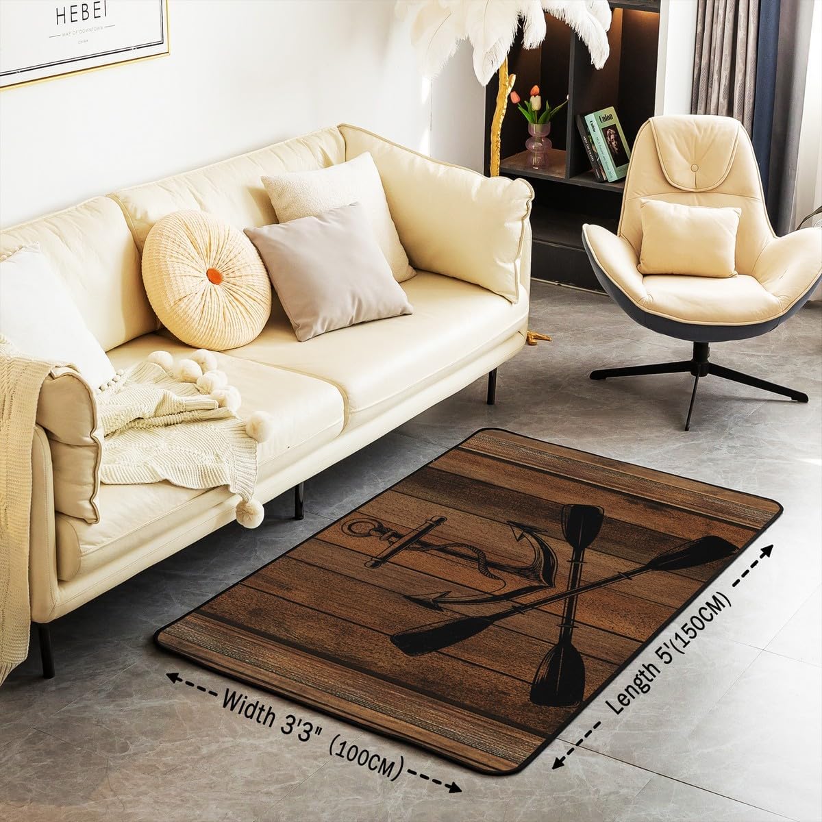 Brown Retro Rustic Country Wooden Plaid Rug 5x6'6'',Lake Life Paddle Go Boating Theme Decorative Area Rug Nautical Anchor Non Slip Washable Decor Carpet for Indoor Outdoor