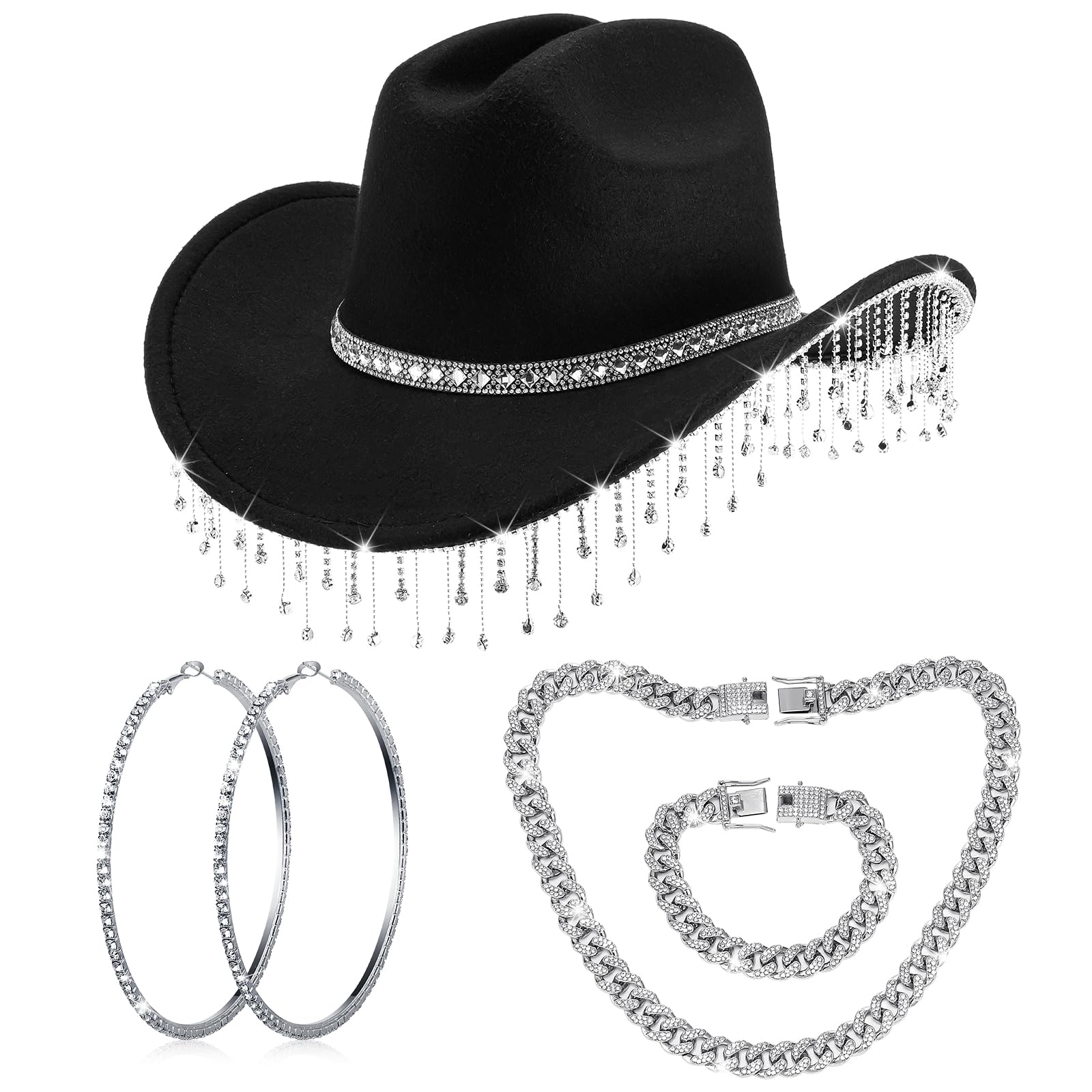 Hercicy Cowgirl Outfit for Women Rhinestone Cowboy Hat with Bling Cuban Link Chain Necklace Bracelet Circle Earring(Black)