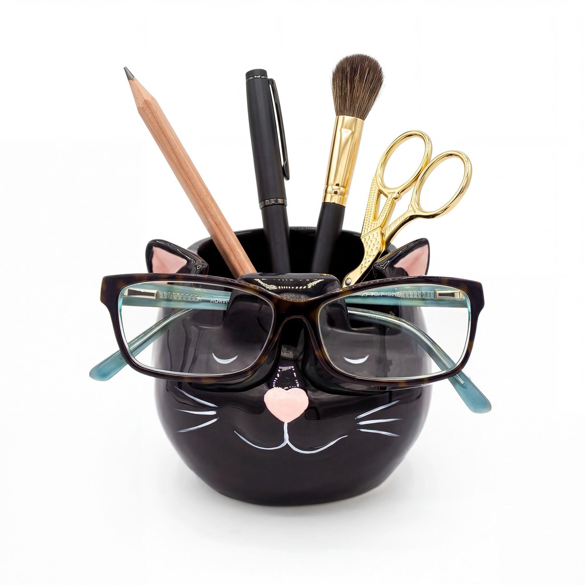 Luvberries - Ceramic Eyeglasses Holder and Desk Organizer Cat Vase, Eyewear and Stationery Organizer, Makeup Essentials Holder, Organizer for School, Home and Office Supplies (Black)