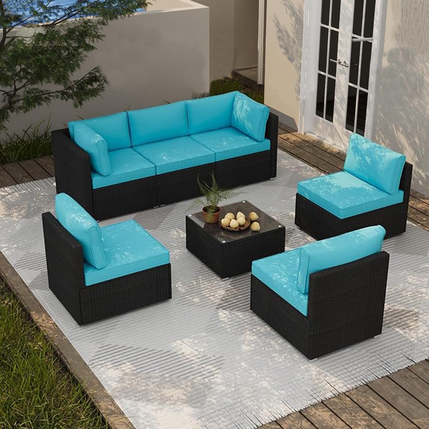 7 Piece Outdoor Sectional Sofas with Waterproof Cover, Outdoor Patio Furniture Set with Coffee Table, Sectional Couch Sofa with Cushions, Wicker Outdoor Conversation Set for Backyard & Garden, Blue | Conversation Set, outdoor sectional, patio sectional, Wicker Construction, 7 piece patio set, patio furniture set