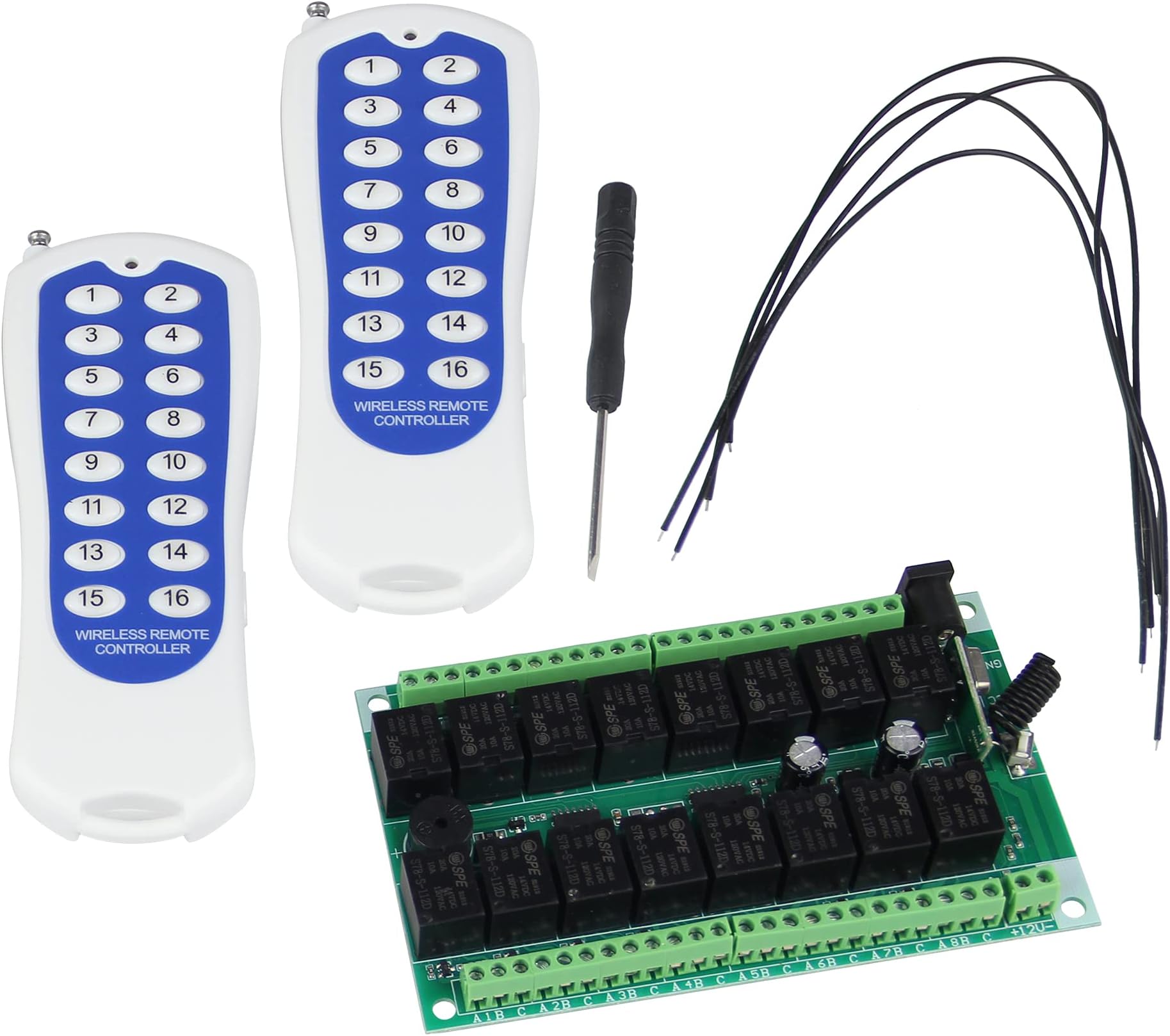 BQLZR Inching/Self-Lock/Interlocked 12V 16Channel 433MHZ Wireless Relay Remote Control Switches 2 Remote Controls with 1 Receiver Board