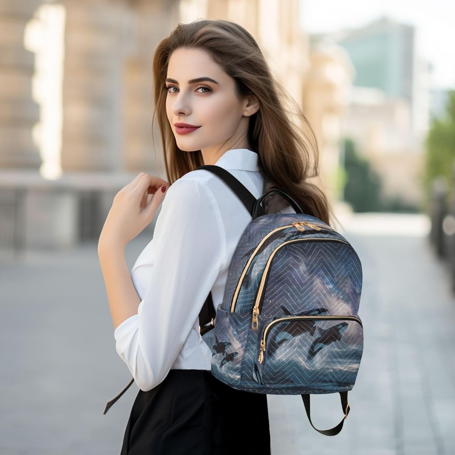 ALAZA Mini Backpack for Women Two Orcas Starlist Sky Travel Backpack Purse for Ladies Handbag Shoulder Bag Casual Daypack, M
