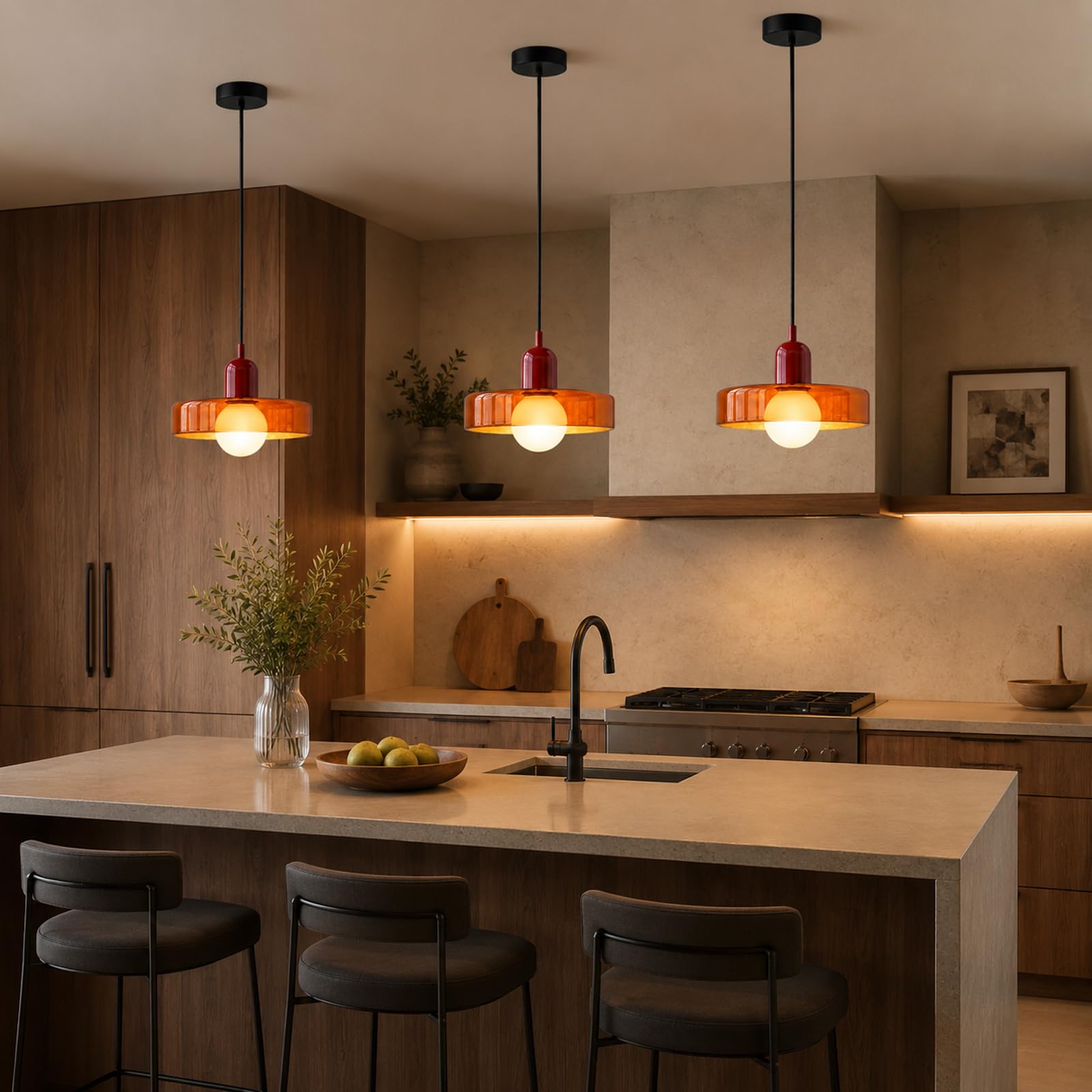25cm Rund Glas Pendelleuchte, Retro Modern Esstisch Hängelampe mit Rot Eisenoberteil, E27 Hängende Deckenlampe für Küche, Esszimmer & Schlafzimmer (Klar Orange)