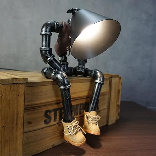 Lámpara de mesa Steampunk Cowboy Robot, diseño de botas y chaleco con luces de robot industrial, brillo ajustable, decoración retro única y regalos
