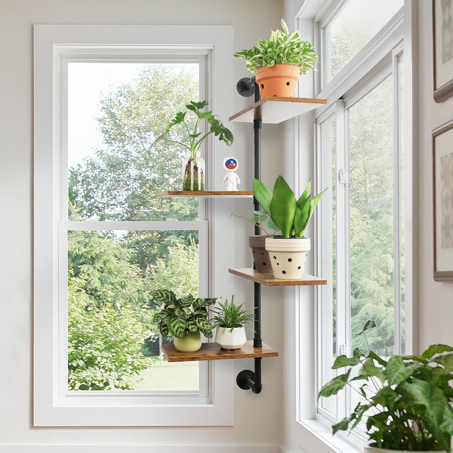 HEYOUTH Drehbarer Fensterpflanzenständer Massivholz - Wandmontiertes Pflanzenregal für Küche, Bar & Wohnzimmer (4floors)