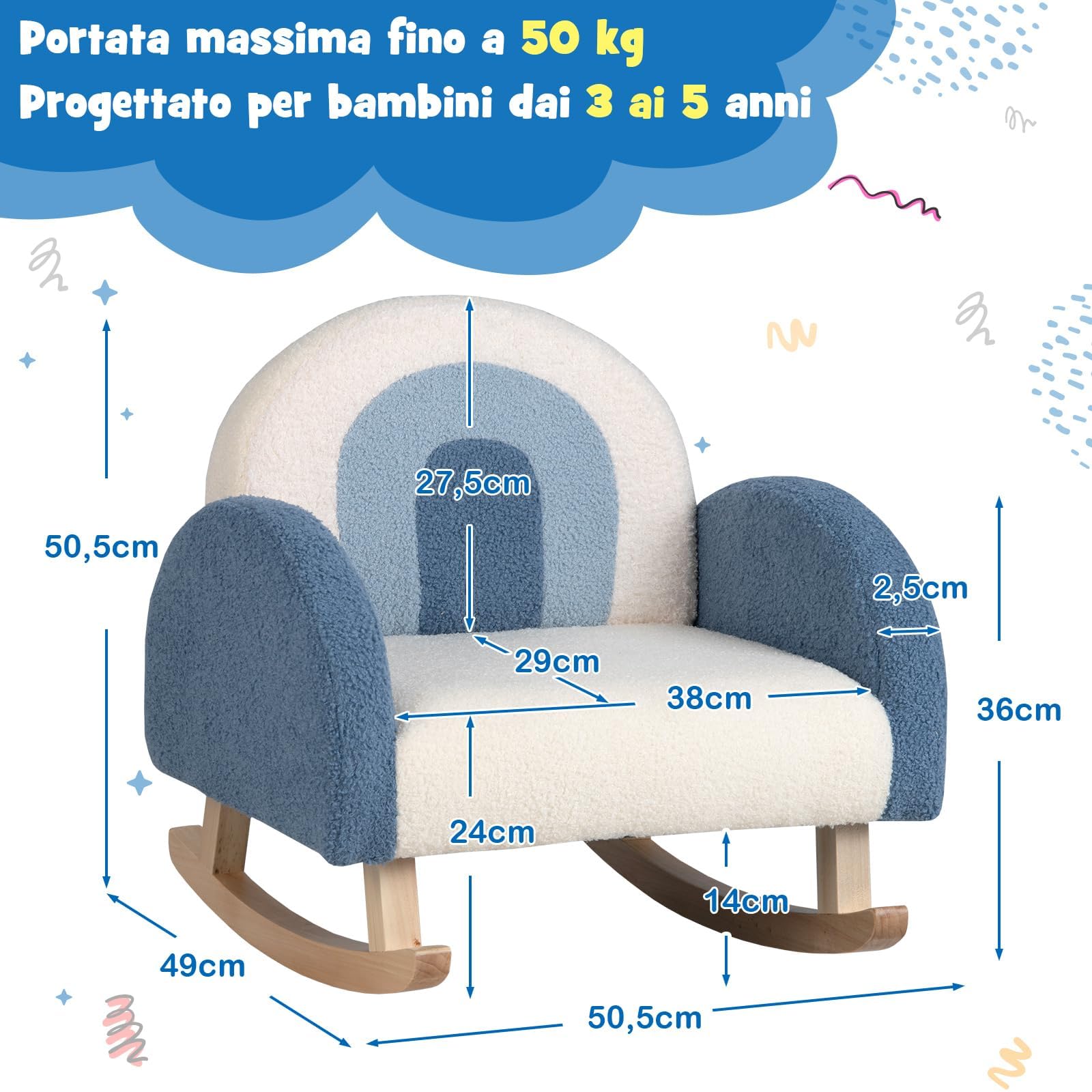 GYMAX Poltrona per Bambini a Dondolo in Teddy Velluto con Gamba in Legno Massello, Poltrona Imbottita a Dondolo per Bambini Carini per Asilo Nido e Sala Giochi, Età 3-5 Anni (blu)