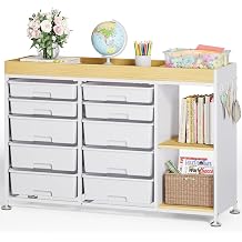 10 Drawer Storage Cabinet with Height-Adjustable Shelves & Wood Top, White