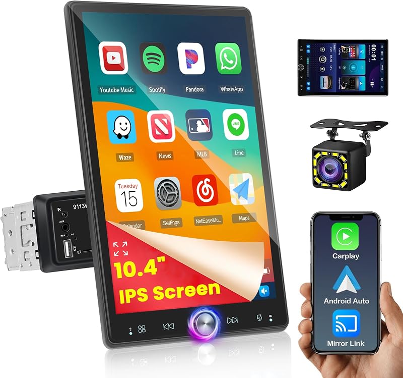 Hikity 10,4" Autórádió CarPlay Android Bluetooth Forgó Kijelző USB AUX