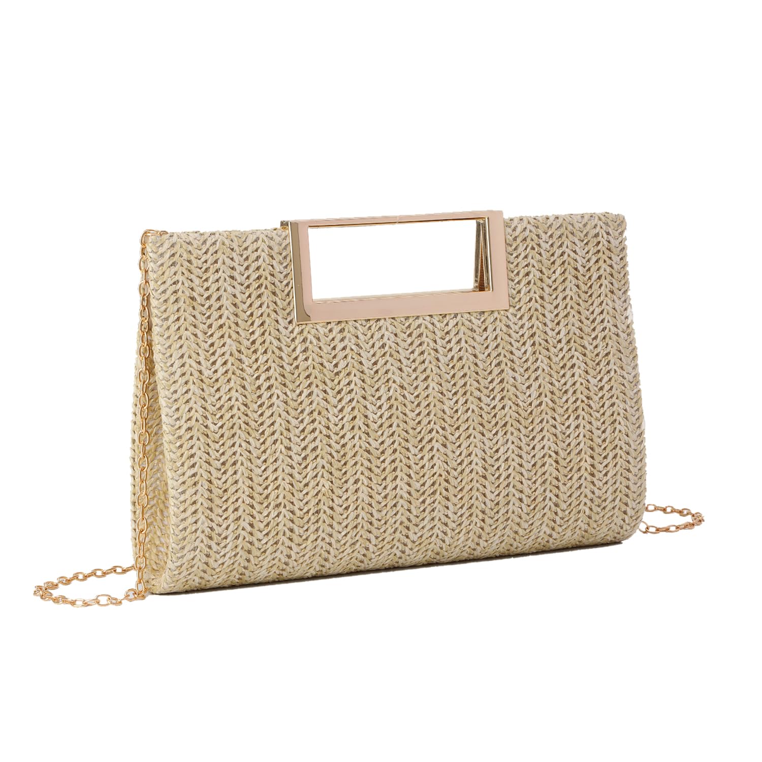 EVEOUT Pochette de Soirée en Paille Femmes Clutch Paille Tissée avec Chaîne été Sac à main Paille pour Mariage Plage Vacances（Couleur naturelle）