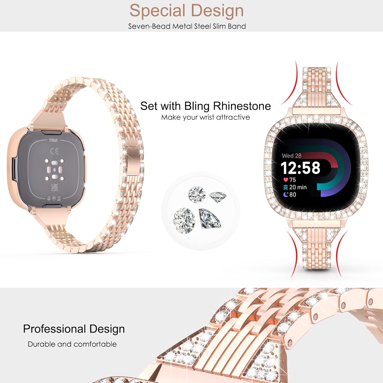 MOFREE Compatible for Fitbit Versa 4 Bands/Fitbit Sense 2 Bands Women with Hard Bling Bumper Protective Case Cover, Dressy Jewelry Diamond Rhinestone Metal Wristband for Fitbit Versa 4/Sense 2 (Rose - Image 3