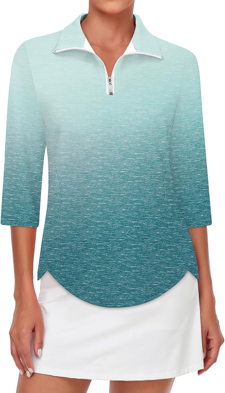 Tanst Sky Womens Golf Polo Shirts Zipper 3/4 Sleeve Moisture Wicking Tops UPF 50+ Workout Tennis Apparel