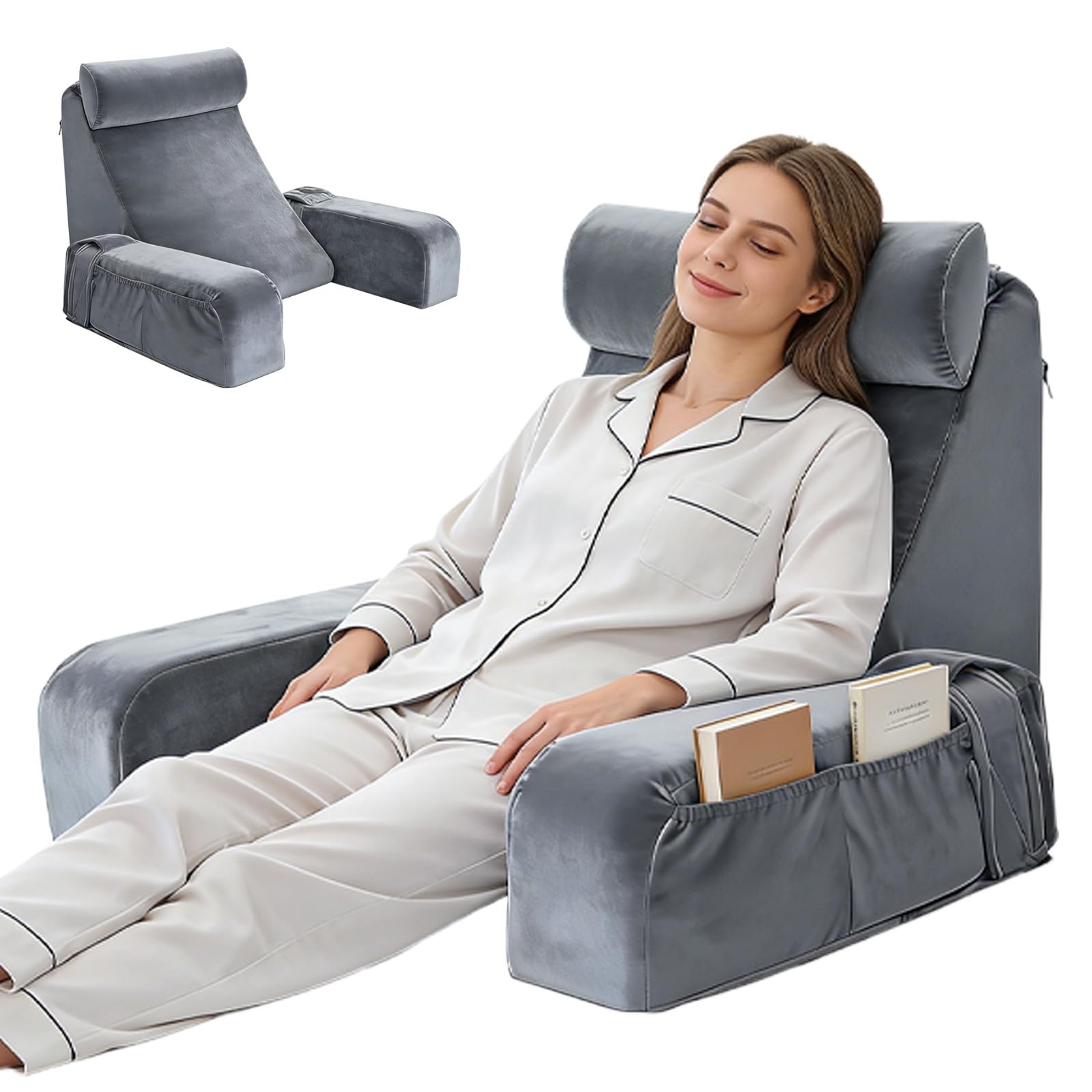 Cuscino da Lettura per Letto e Divano, Cuscino per Schienale Letto con Braccioli rimovibili, Cuscino per Schienale per Lettura, Lavoro o TV, Comodo Cuscino per Adulto (Grigio)