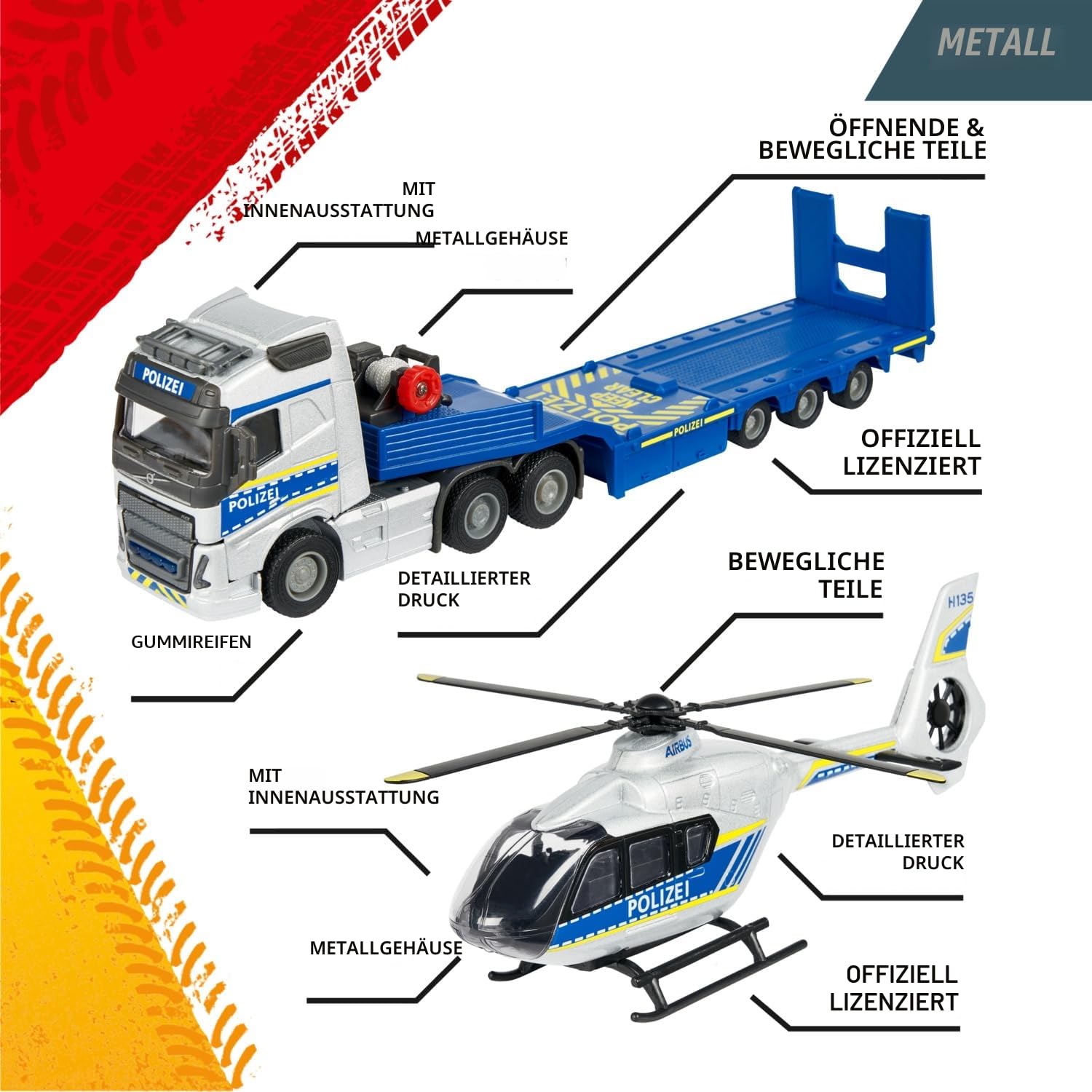 Majorette Auto-Set Volvo FH-16 Police Truck mit Airbus Helikopter (35 cm) - großer LKW mit Anhänger, Hubschrauber & vielen Funktionen, Polizei-Spielzeug für Kinder ab 3 Jahre