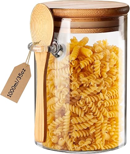 33.8 Oz Recipiente grande de vidrio hermético con cuchara y tapa, recipientes de avena para la noche, recipientes de vidrio para almacenamiento de