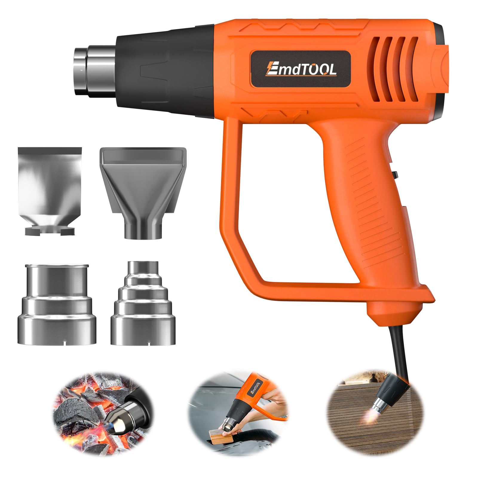 Heat Gun, 2000W Heavy Duty Hot Air Gun Kit 300℃ & 600℃ Dual Temperature Settings with 4 Attachments Nozzles & Overload Protection, for Crafts/Shrink Wrapping/Tubing/Paint Removing/Epoxy Resin