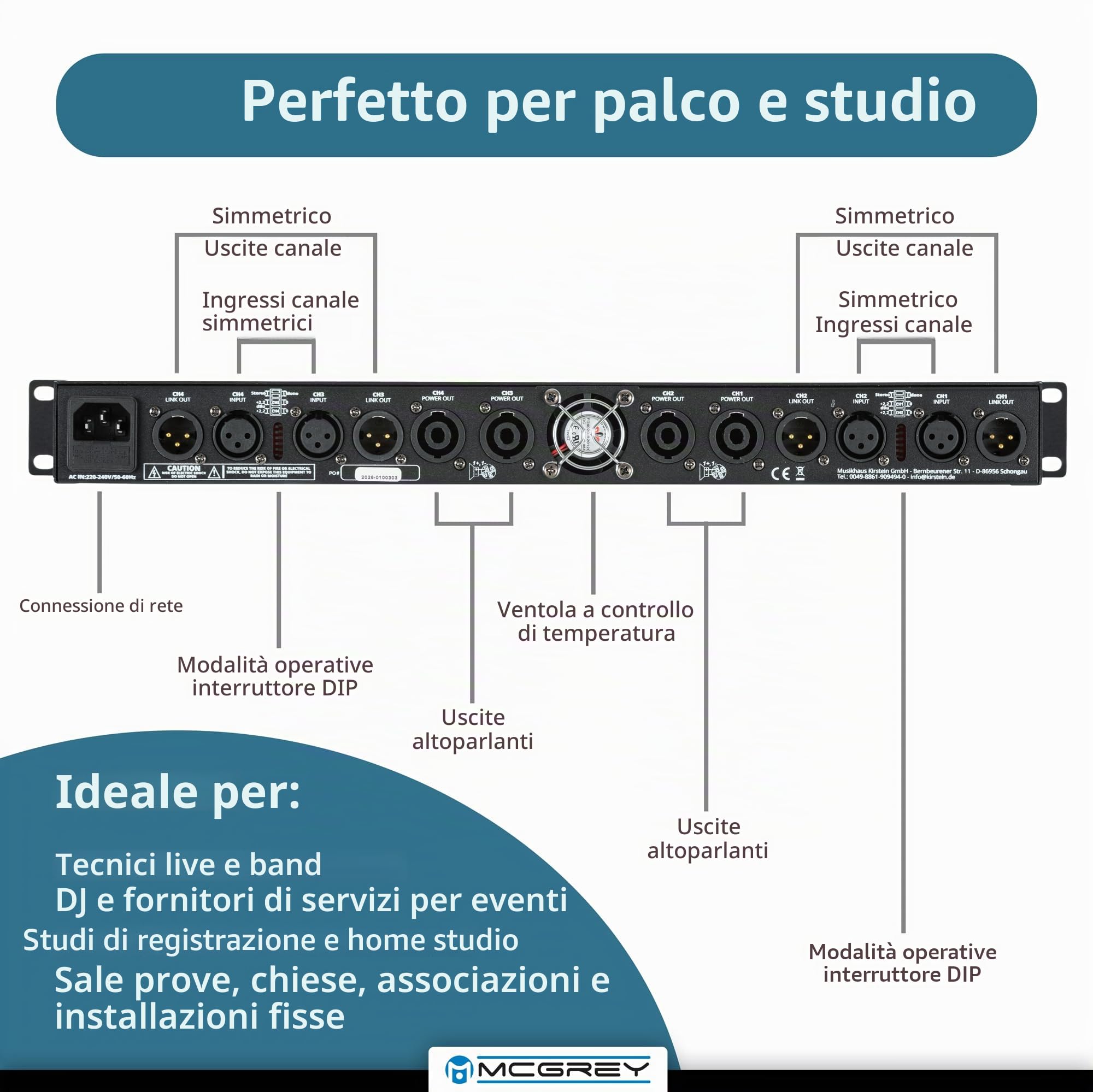 McGrey PA-4504 Amplificatore 1U 4x450W Class-D, 4 canali con ingressi XLR/Speakon, protezioni, per rack 19" leggero 3,5 kg — ideale per band, DJ, eventi e installazioni fisse