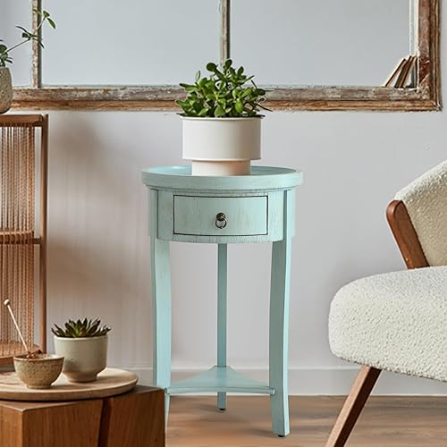 Miniatura 4 de Mesita de noche redonda con cajón, mesita de noche azul vintage con estante, mesa auxiliar pequeña rústica con almacenamiento para dormitorio, sala