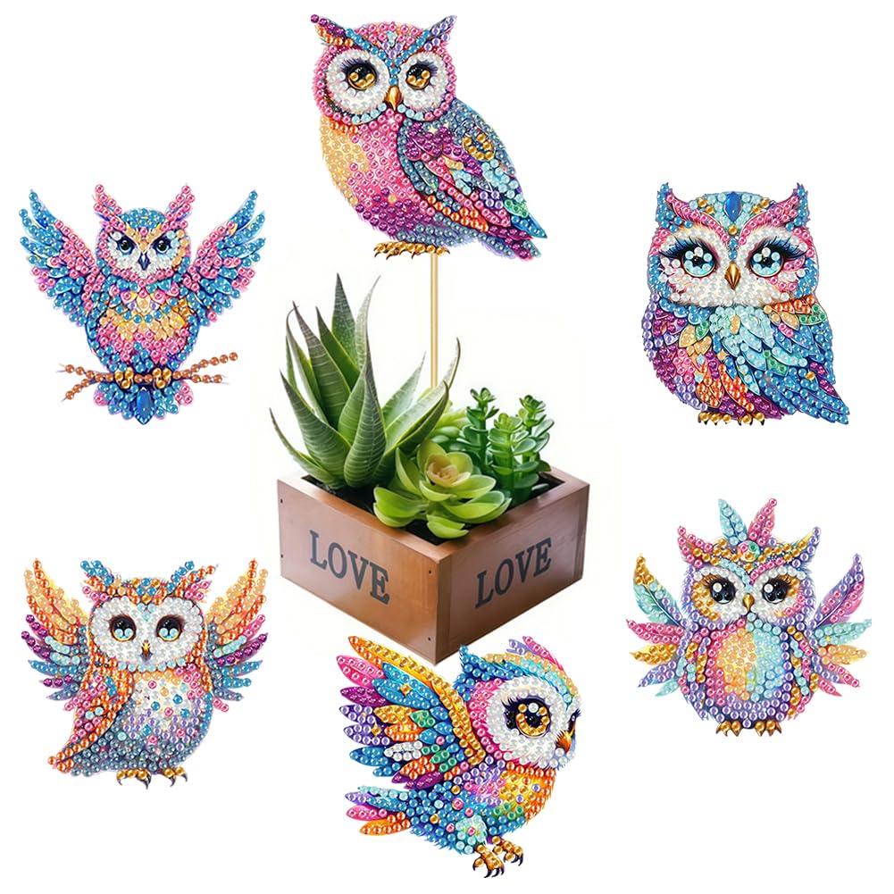 Animal Diamond Painting Kits for Adults，5D DIY 6Pcs Animal Stakes Diamond Painting Kits DIY Diamond Art Garden Decor Kits Diamond Art Craft Kits for Flower Plant Pot Decor Gift