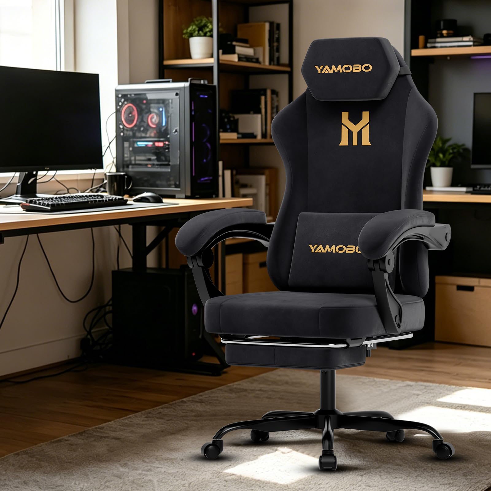 Gaming Stuhl Stoff Ergonomisch Gaming Chair mit Fußstütze Schwarz