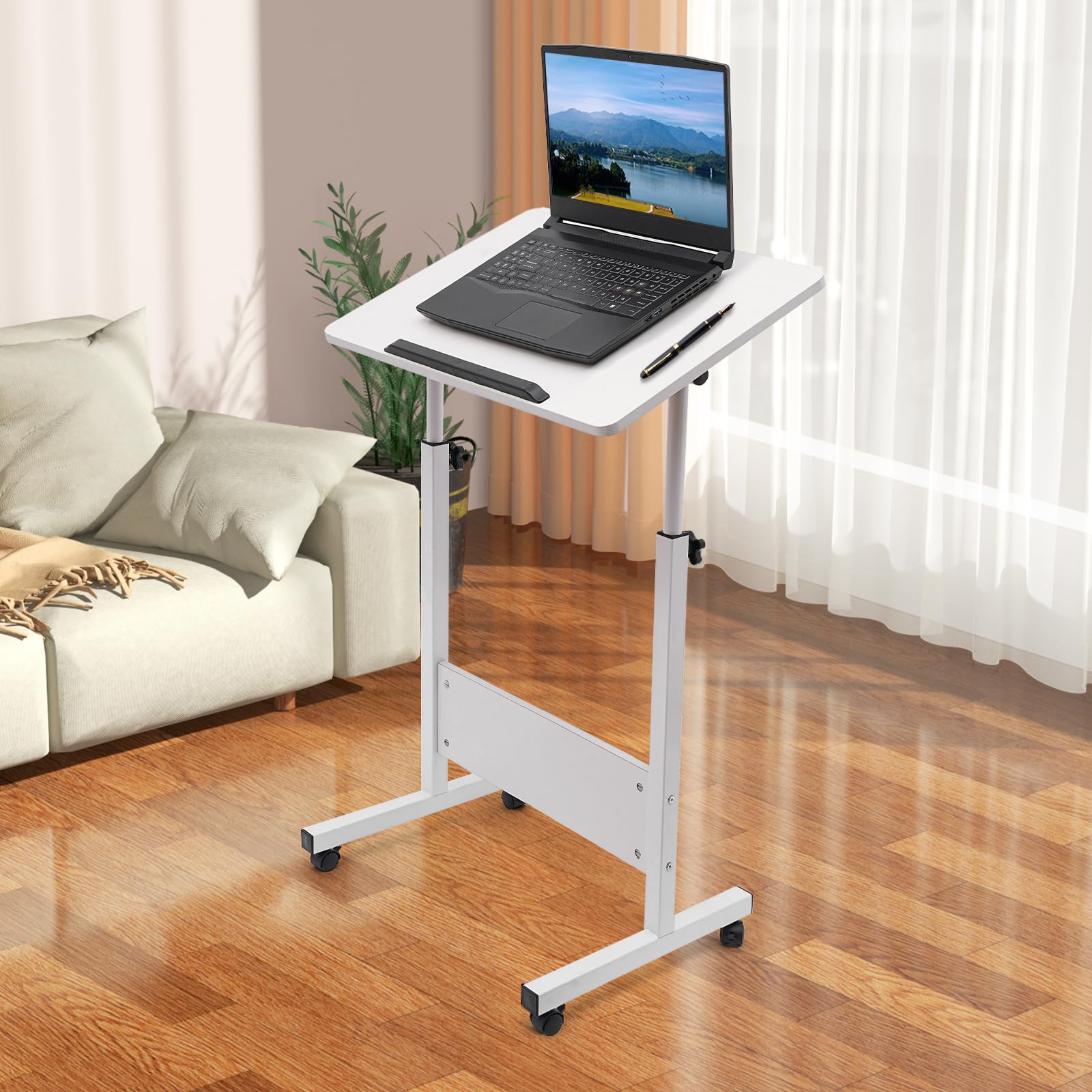 Rolling Computer Stand with Adjtable Height Computer Cart Portable Laptop Desk Adjtable Height Standing Desk Mobile Podium White — view 2