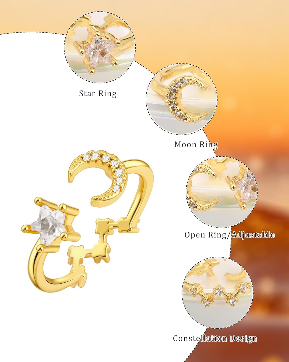 14K Gold Plated Star Moon Adjustable Ring for Women Dainty Cubic Zirconia Cute Open Ring - Image 7