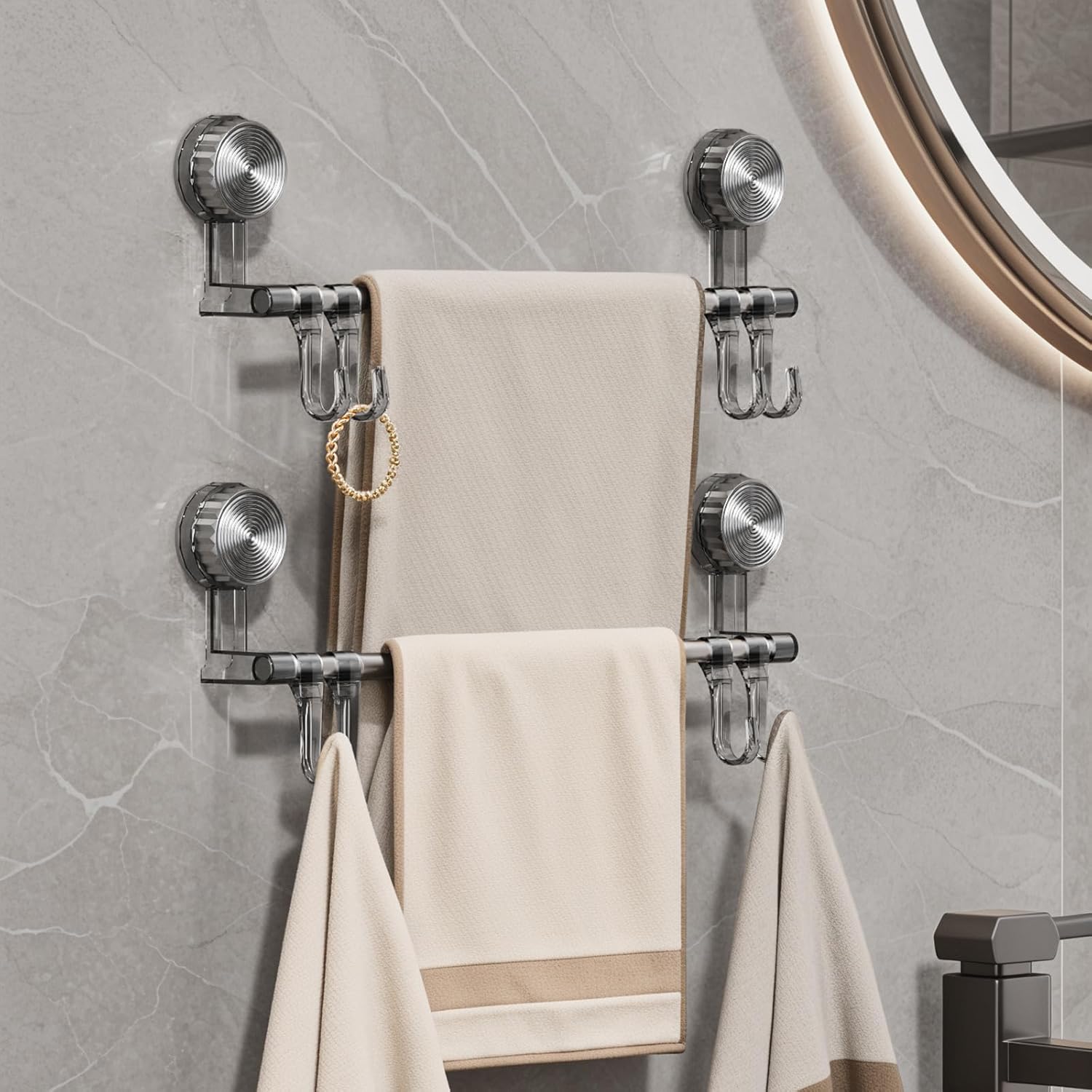 The BTHERG 2pack Bathroom Towel Rack has Suction Cups That are Easy to Install and do not Require Drilling. Suitable for bathrooms, Kitchens, Doors and Smooth Glass Surfaces