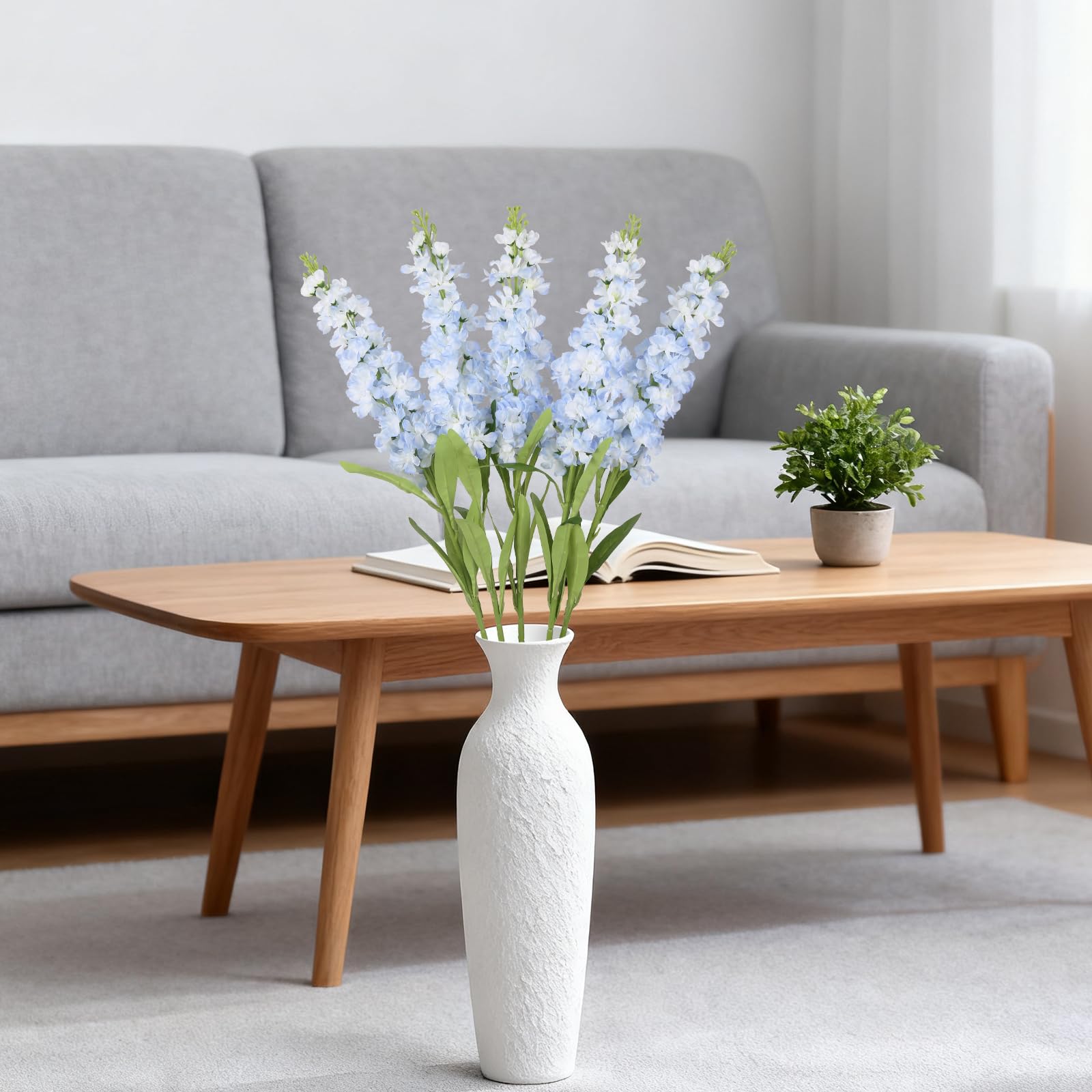 Hellblaue Delphinium-Kunstblumen, Seidenblumen mit Stielen, Löwenmaul, langer Stiel, für hohe Vasen, Zuhause, Hochzeit, Tafelaufsätze, Dekoration, Hellblau, 5 Stück