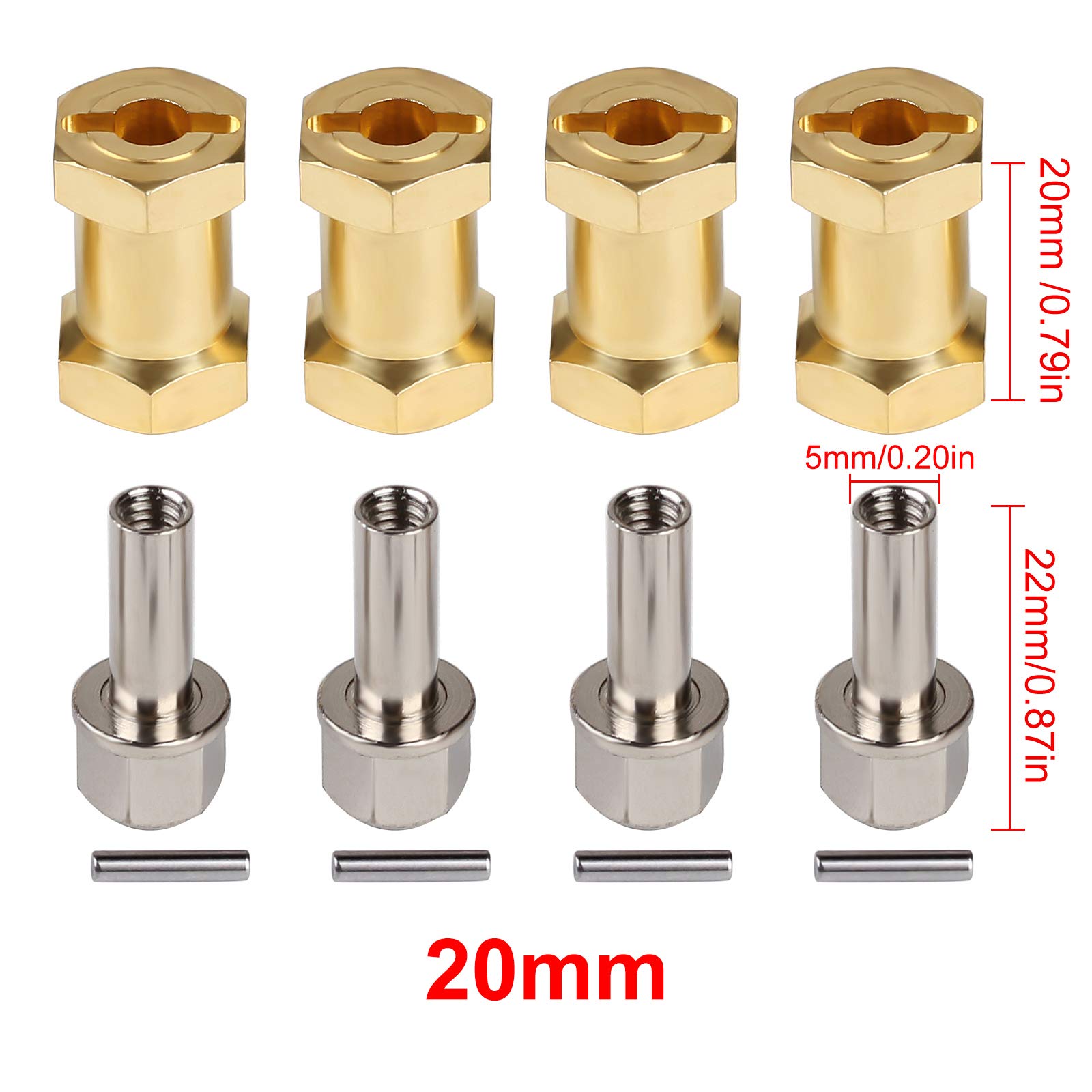 INJORA RC Hex Hub 12mm Brass Wheels Hex Hub Extension Hex Drive Adapter for 1/10 RC Crawler Axial SCX10 90046 D90 (20mm)