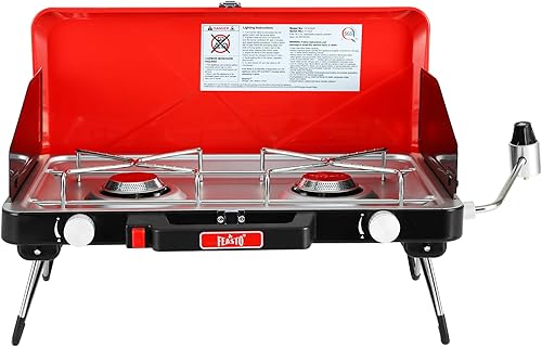 FEASTO Estufa de propano con dos quemadores ajustables de alta potencia a prueba de viento y dos patas plegables, conveniente para acampar al aire
