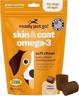 Skin and Coat Supplement for Dogs | Nourishing Omega 3 for Dogs with EPA DHA Krill Oil and Vitamin E | Dog Skin and Coat Supplement | 1 Chew up to 75lbs | NASC Certified & Made in The USA | 90 Chews
