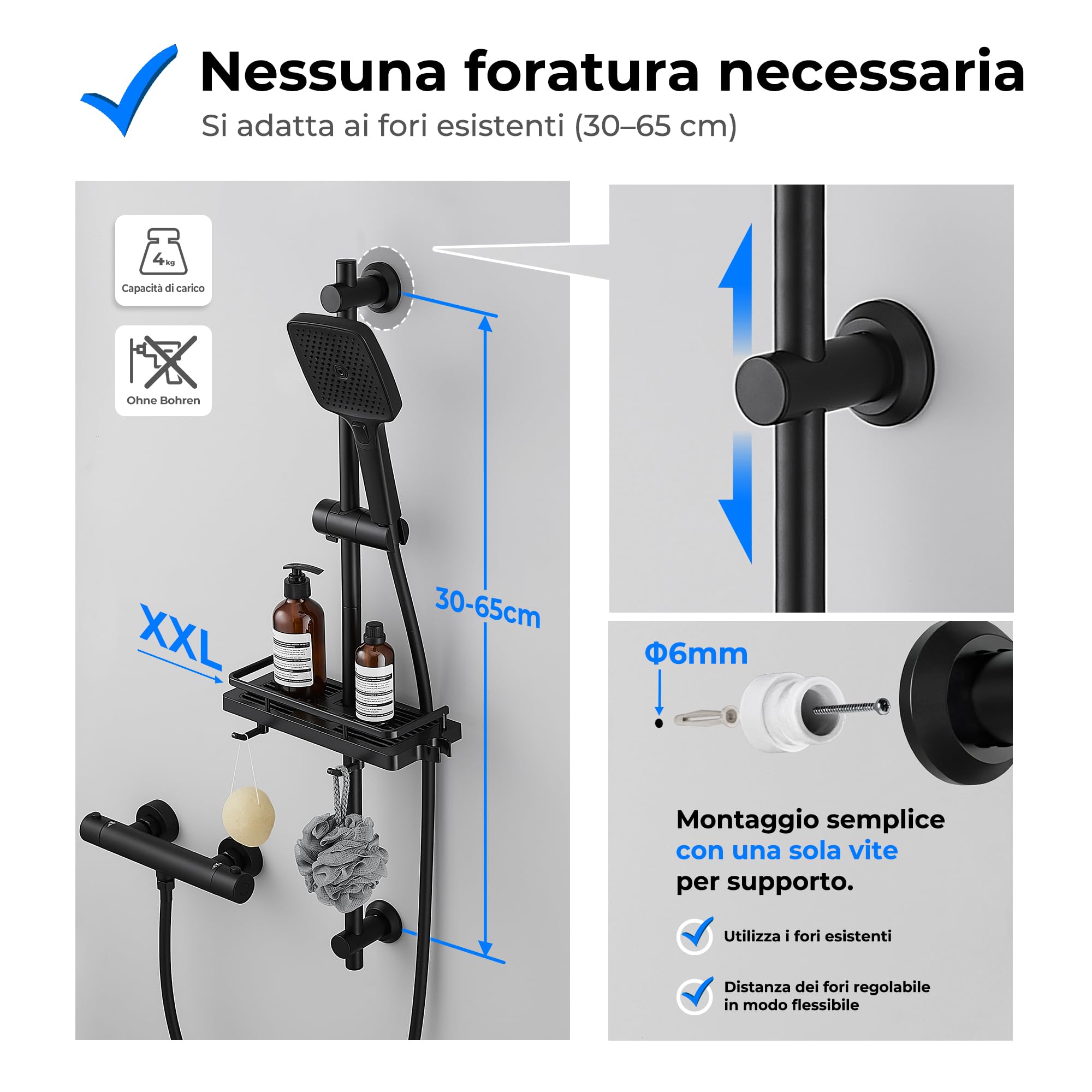 JOHO Colonna Doccia Senza Miscelatore, Asta Doccia Acciaio Inox 70 cm con Supporto Soffione Regolabile, Saliscendi Doccia Adattarsi ai Fori Esistenti con Doccetta 3 Geti e Mensola, Nero