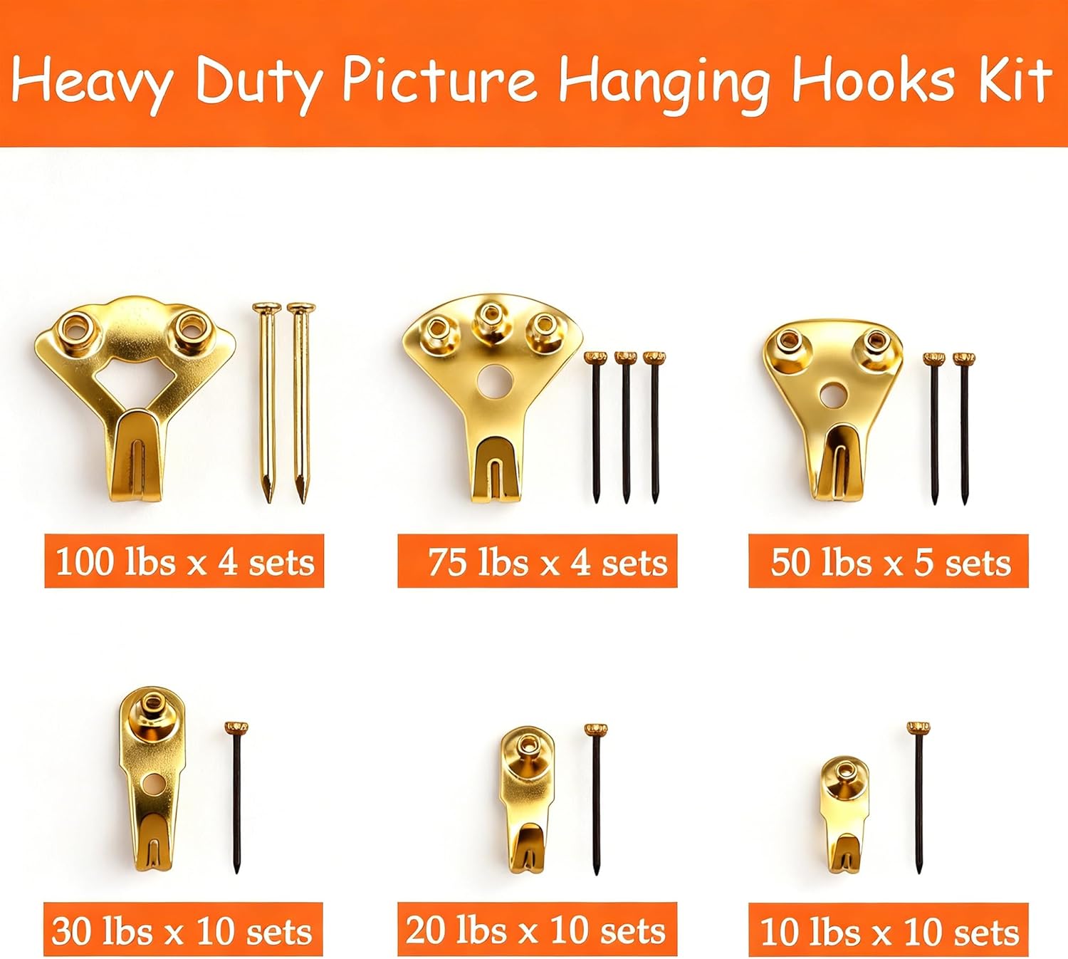 Dianrui Picture Hanging Kit 103 PCS Heavy Duty Picture Hangers Hooks (10-100lbs) with Nails, Gold Picture Hanging Hooks for Drywall & Wooden & Plaster Wall—6 Models