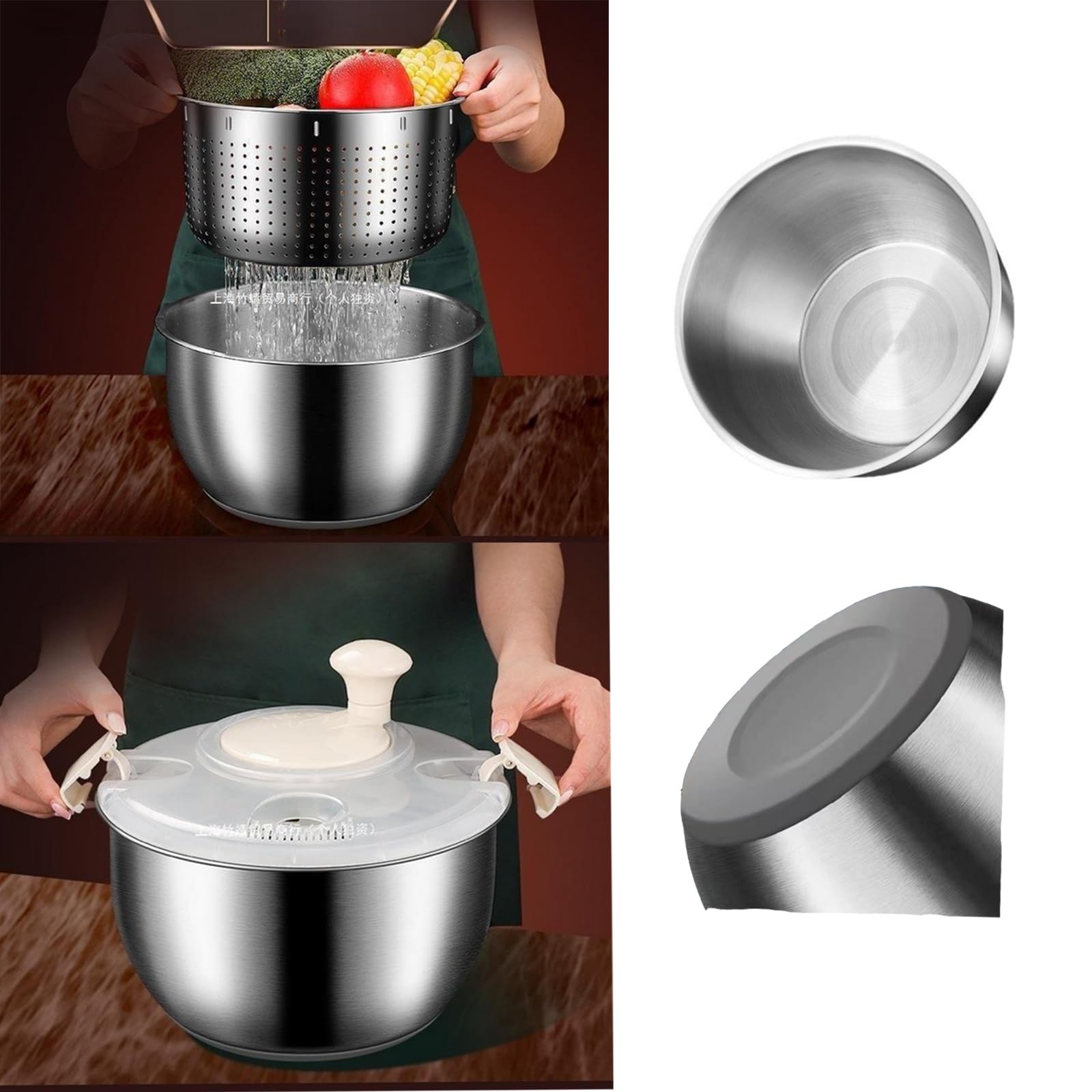 Essoreuse à Salade En Acier Inoxydable 6 Litres - Avec Couvercle Et Fond Antidérapant