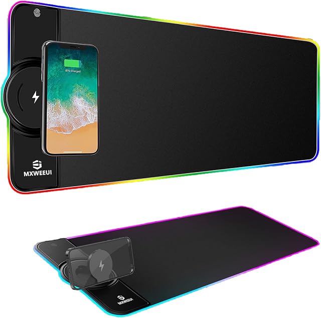 Wireless Charging RGB Gaming Mouse Mat 15W With Stand,31.5"X11.8" 10 Lighting Modes LED Mouse Mat Non-Slip Rubber Base Large Mousepad for Home&Office Support Qi Fast Charging for Mobile Phone(Black)
