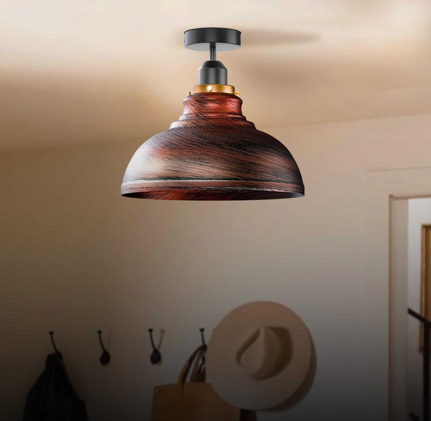 Semi Flush Mount Lighting Fixture, E26 Base Modern Metal Dome Shade Ceiling Light Fixture for Living Room, Bedroom, Kitchen, Hallway Lighting (Rustic Red)