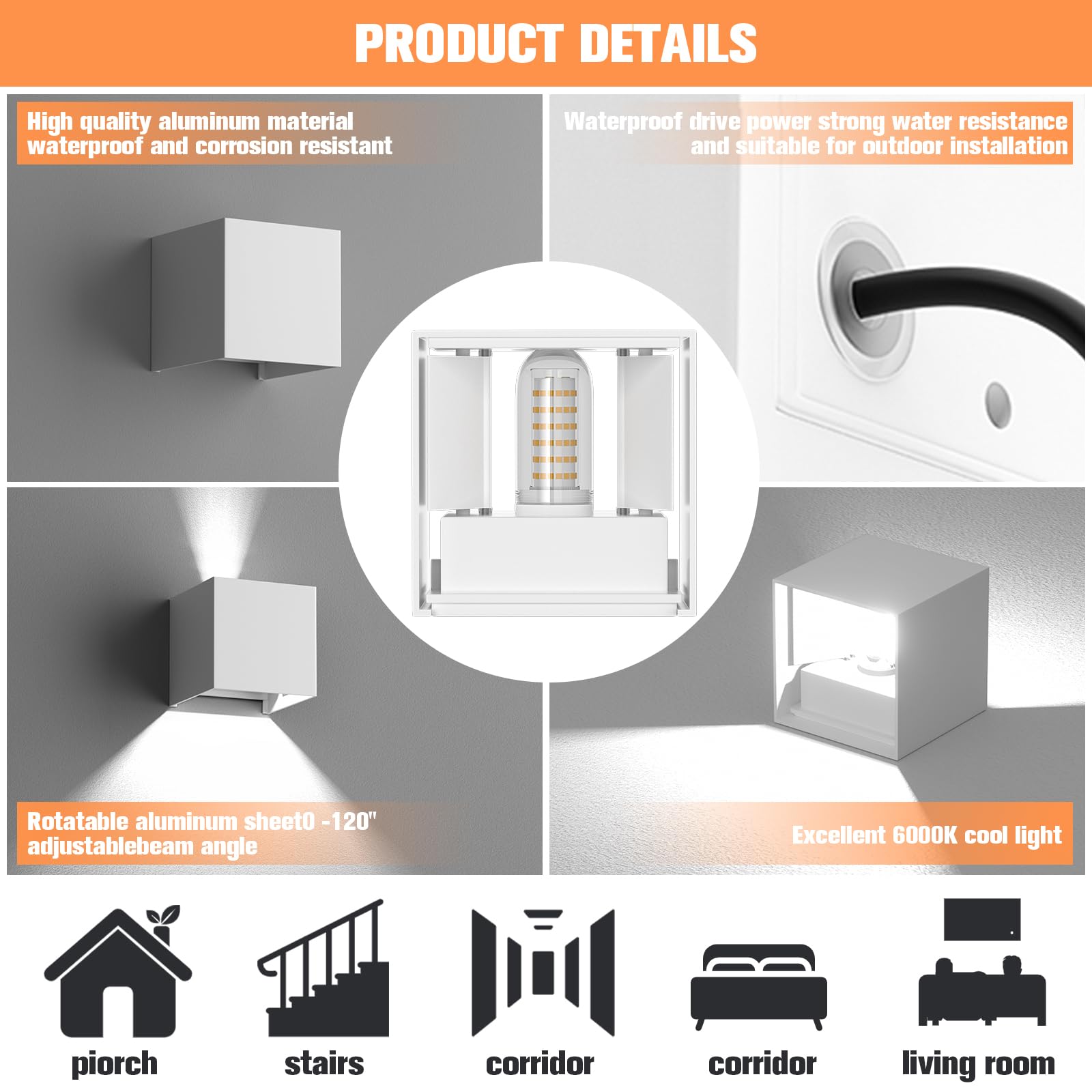HaoDrisk 2 Pezzi 9W Applique da Esterno/Interno LED 6000K Lampada da Parete Moderno, Applique cubo in Alluminio, Angolo di Diffusione Regolabile, IP65 Impermeabile(Bianco)