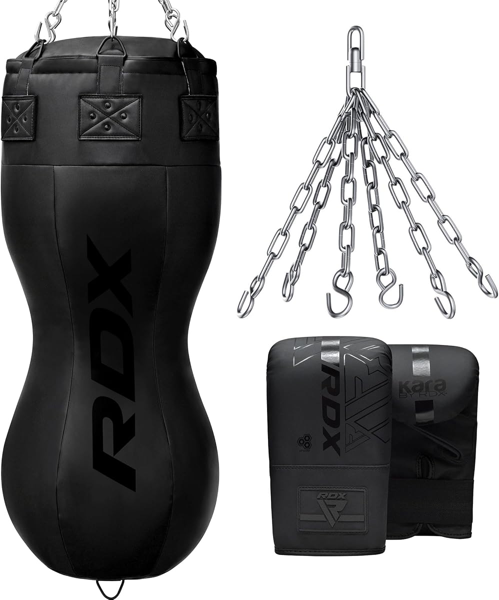 4FT Double Angle Punch Bag with Gloves & 6-Panel Hanging Chain – Uppercut & Body Shot Heavy Boxing Bag for Muay Thai, MMA, Kickboxing & Power Training – Unique Angled Design for Realistic Striking
